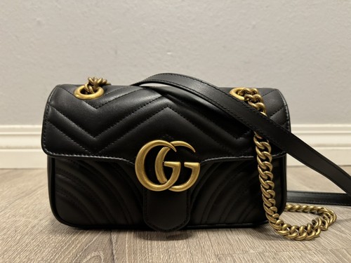 Gucci GG Marmont Shoulder Bag Leather Quilted Black Gold - Picture 1 of 8