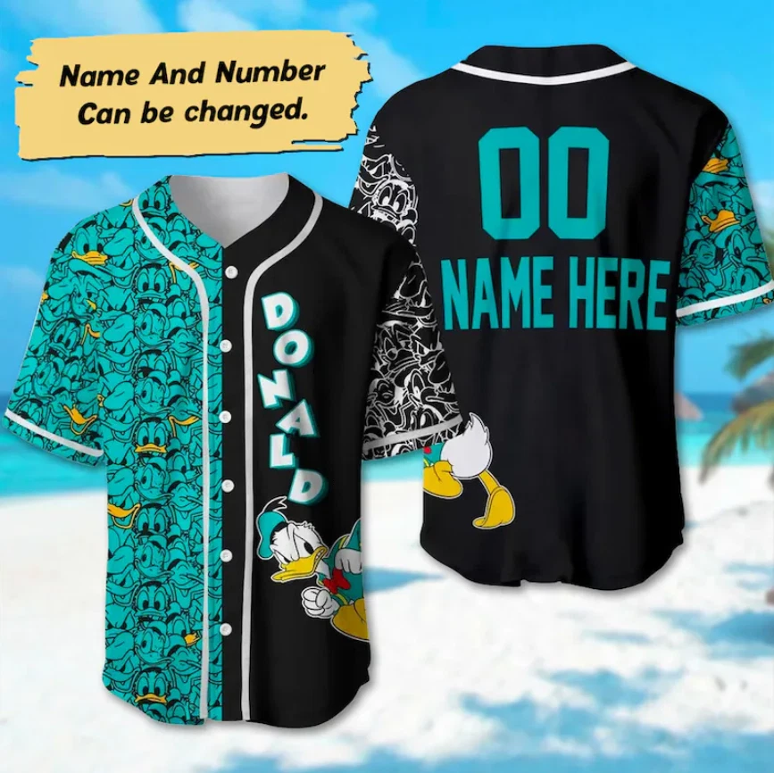 Custom Donald Duck Pattern Turquoise 3D Baseball Jersey Shirt Halloween Gift