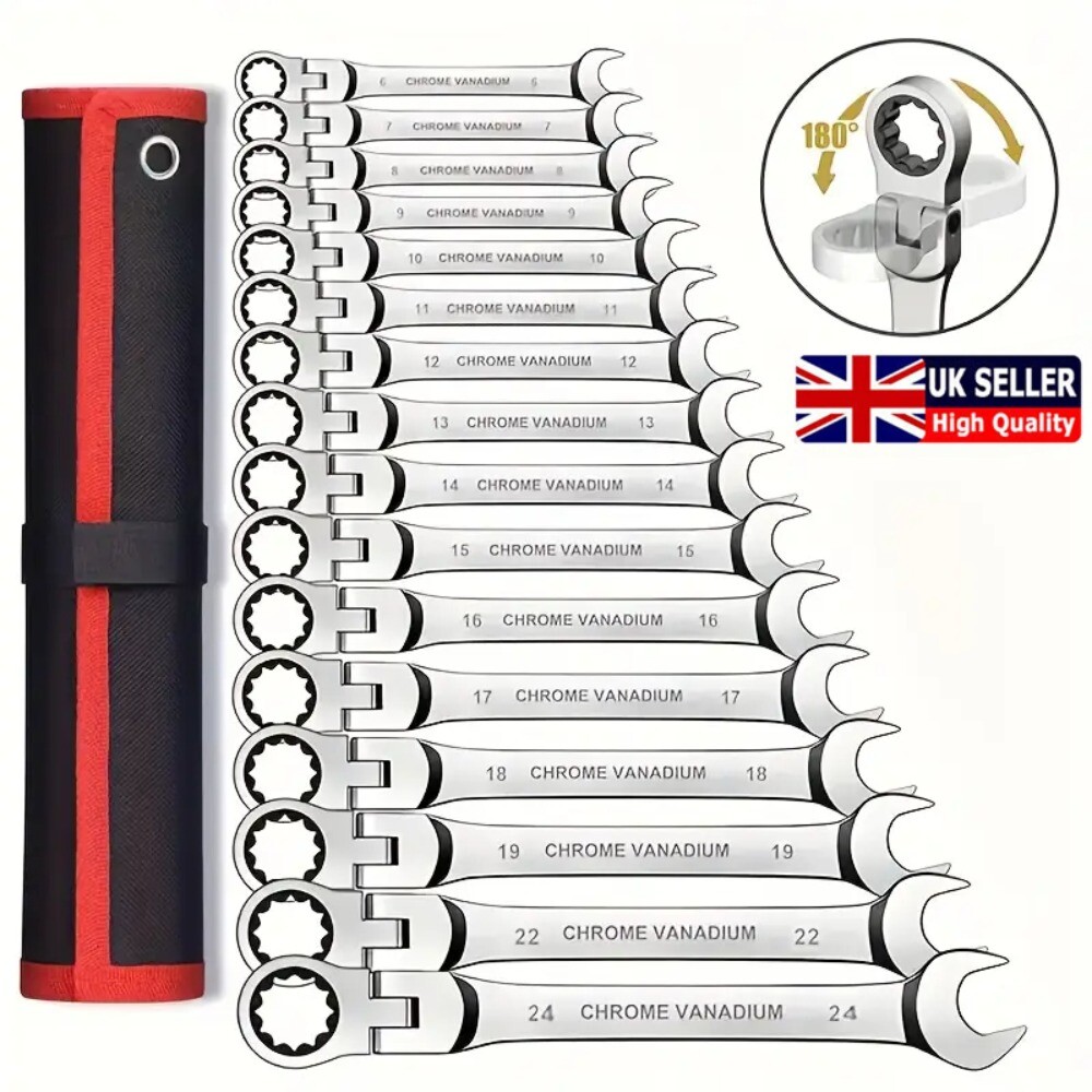 Ratchet Spanner Combination Flexible 180° 6-24mm Different Sizes Tool Wrench Set