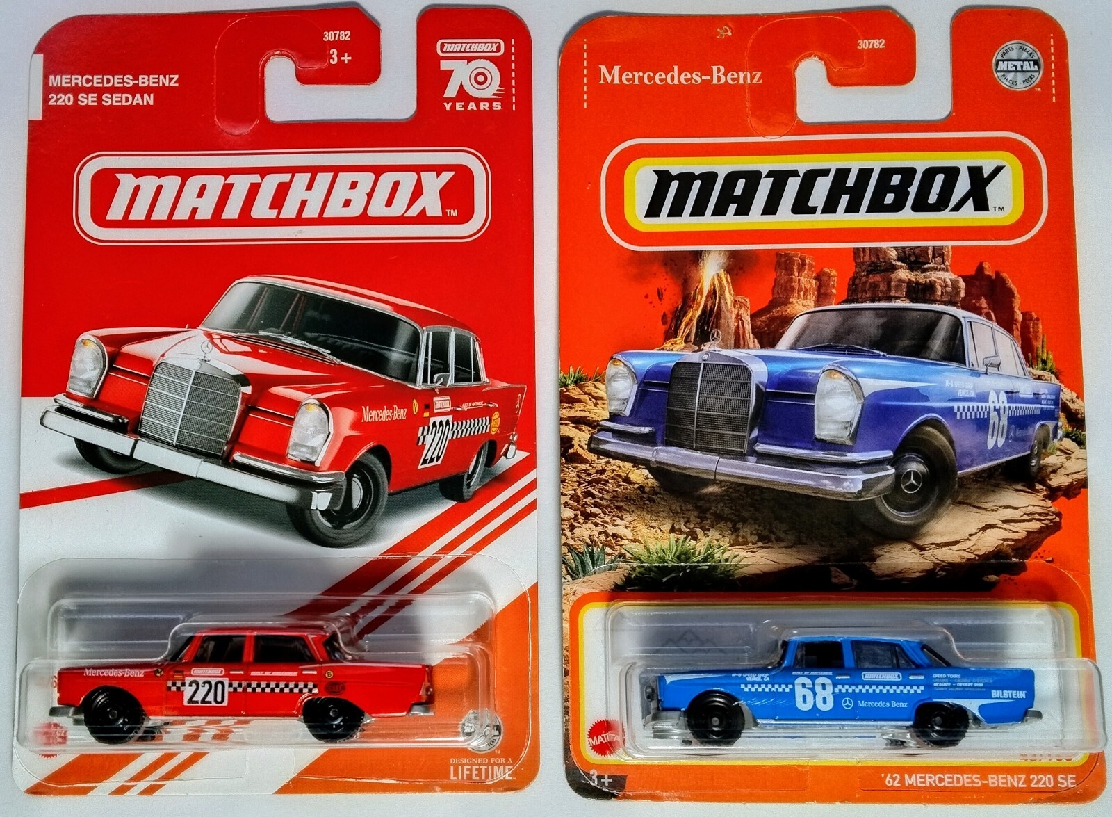 Matchbox 2023 Mercedes-Benz 220 SE Sedan Blue + Target Red 70th Edition Pair
