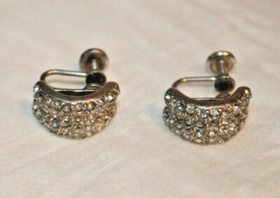 VINTAGE STERLING SILVER SCREW BACK RHINESTONE EARRINGS SONIA LEE, FREE Shipping!
