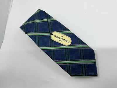 BRUNO PIATTELLI Men's 100% Silk Tie  ITALY Plaid Green Blue  3 1/8 x 61. NWT