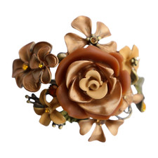 Women Gold Metal Beige Brown Rose Flowers Wrist Cuff Bracelet Prom Dance Style
