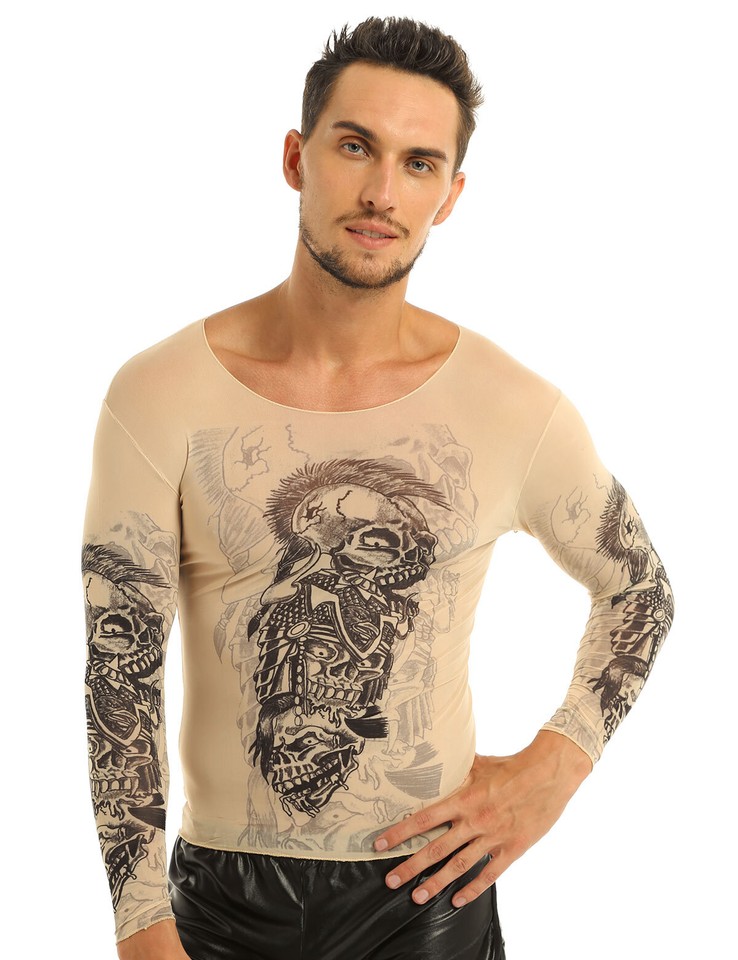 Scripted Tattoo Mens Fake Tattoo Tribal Inspired Print Long Sleeve Stretch T-Shirt Tops ...