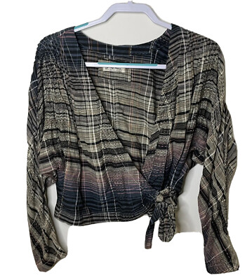 We The Free Running Wild Cropped Wrap Top Dark Plaid Boho Cottagecore Women s M