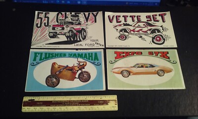 Lot 4 unusual CAR Color Art Cards - Way-Out Wheels & Exhibit Supply 1970's