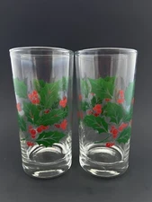 Indiana Glass • Bartlett Collins •Holly• Christmas • Tumblers • 12 oz • Set Of 2