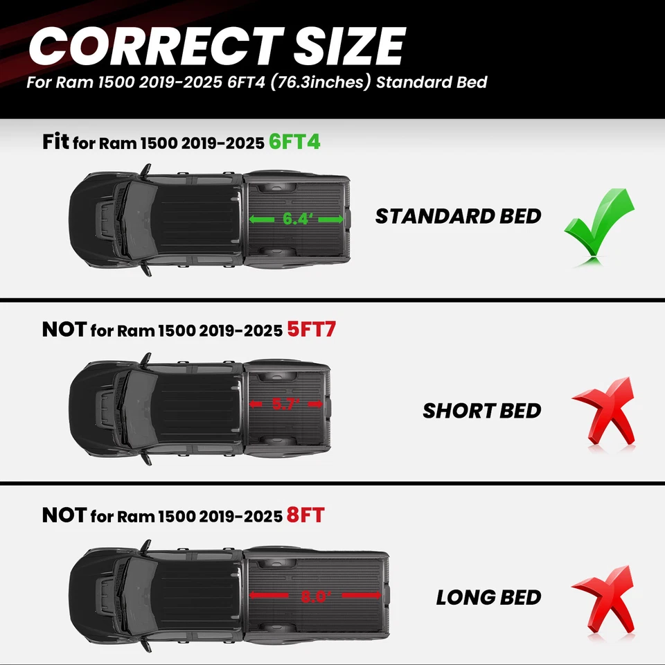 LASFIT 6'4" Truck Bed Mat for Ram 1500 2019-2026 Heavy Duty TPE Bed Liner Black Foto 2 de 4