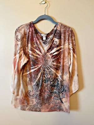 Chicos Floral  3/XL Blouse Fall Colors Embellished Crystals Bell Sleeve Top