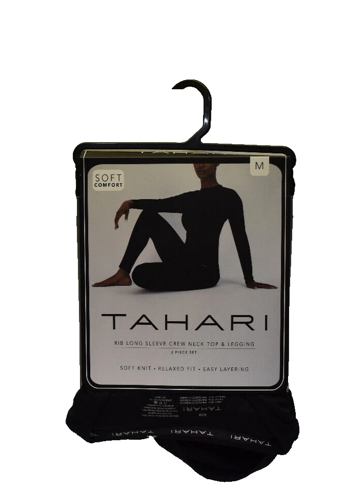 Tahari Rib Long Sleeve 2 Piece Base Layer Top & Legging Set Size M Black New NWT