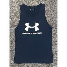Under Armour Mens HeatGear Loose Fit Tank Top Navy Blue Logo Size Small