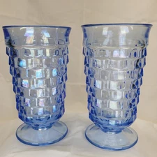 2 Indiana Whitehall Cubist Blue Footed Glass Tumbler Iced Tea Diamond Glasses