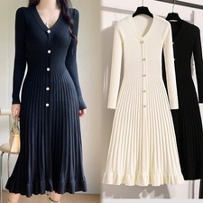 Winter Women Knitted Long Dress Slim Pleated Sweater Dress Lady Office Vestidos