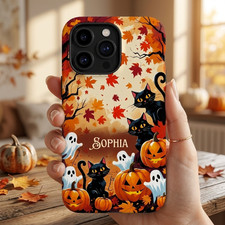 Personalized Black Cat Halloween Phone Case Pumpkin Ghost iPhone Samsung