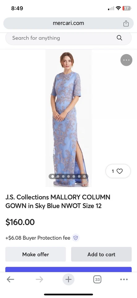 J.S. Collections MALLORY COLUMN GOWN in Sky Blue NWOT Size 12 - Image 4 of 4