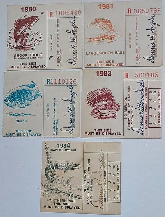 5 Pennsylvania PA State Fishing Licenses 1980 – 1981 – 1982 – 1983 – 1984