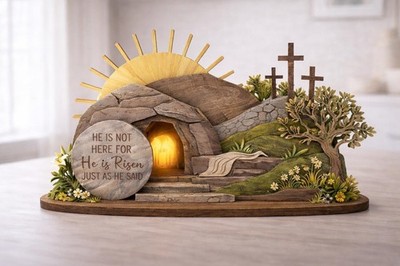 He Is Risen Easter Wooden Block, Empty Tomb Cross Christian Decor Gift