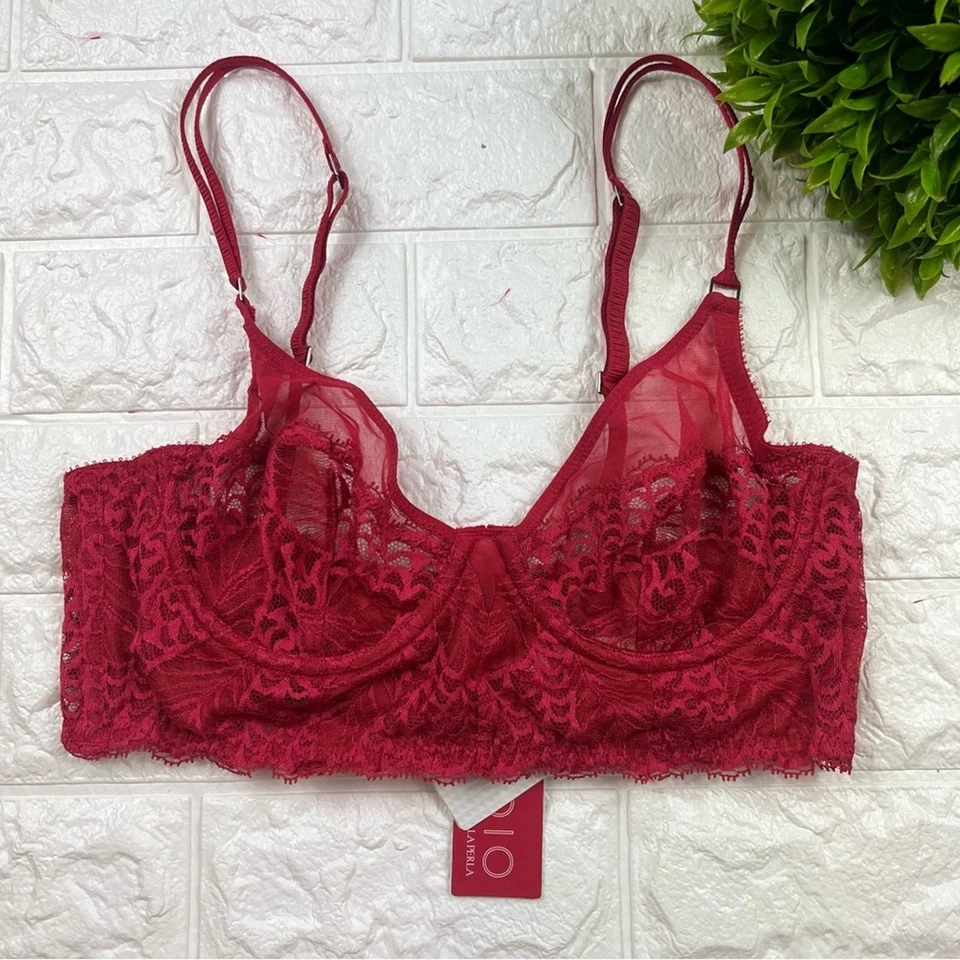 NUEVO Sujetador de línea larga con aros Calla de encaje transparente rojo La Perla Studio talla 34B Foto 3 de 4