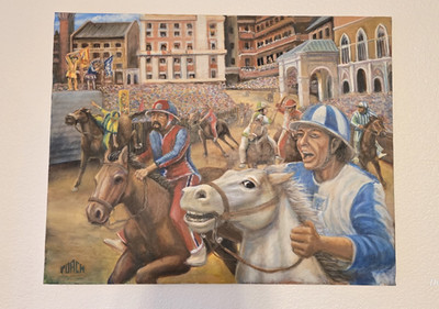 ROACH Signed Large Horse Racing Scene Canvas Painting, Realism Jockey Crowd