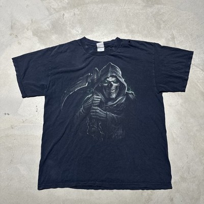 Vintage Grim Reaper Shirt Men s SZ L Black Faded Grunge Graphic Tee Y2K HOLE*