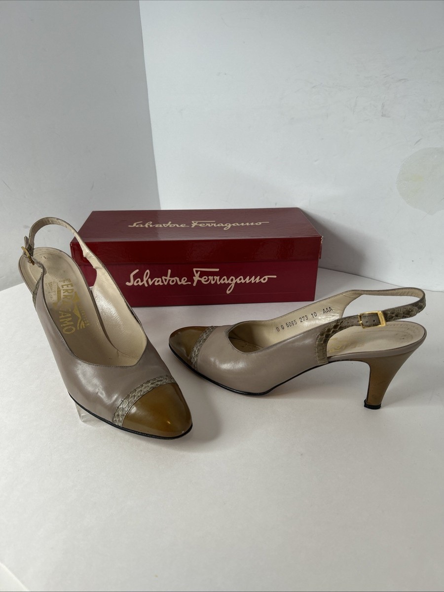 Salvatore Ferragamo Bombata Taupe Tan Sling Back Heels Size 10 AAA  Animal Print