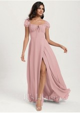 Rose Pink Puff Sleeve Square Neck Maxi Dress Side Slit Tie Front Short Sleeve