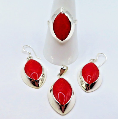 Edles Designer Schmuckset Ring Ohrringe Anhänge 925er Silber Set Rote Koralle
