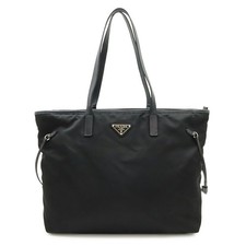 Prada Triangle Logo Nylon Leather Tote Bag Women Black One Size