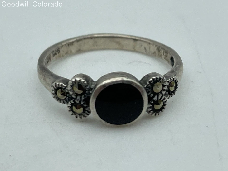 Anillo artesanal de plata de ley de marcasita de obsidiana talla 6 - 1,9 g Foto 2 de 4