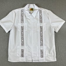 Haband Guayabera Shirt Mens L White Brown Embroidery Zip 4 Pocket Bowling Latin