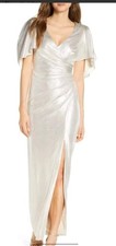 Eliza J Ruchedmetallic Silver Cape Sleeve Maxi Sheath Formal Dress Size 14
