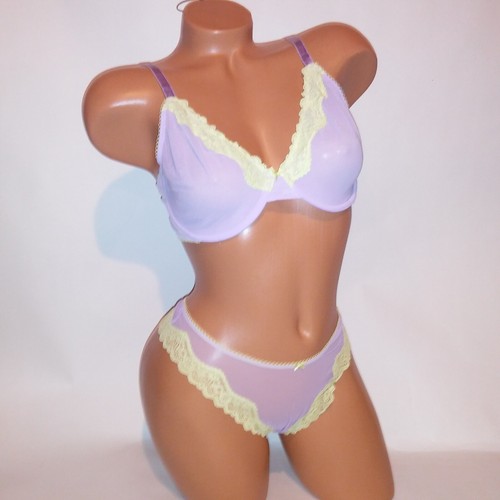 Victoria Secret Bra Set 36DD Unlined Demi Medium Thong Panty Purple Yellow Sheer - Picture 3 of 14