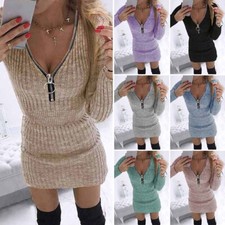 Women Sexy Slim Knitting Dress V Neck Zipper Sweatshirt Mini Dresses Casual Top