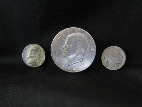 3 Coin Lot - 1920 Buffalo Nickel, 1945 P Silver War Nickel & 1972 Ike Dollar
