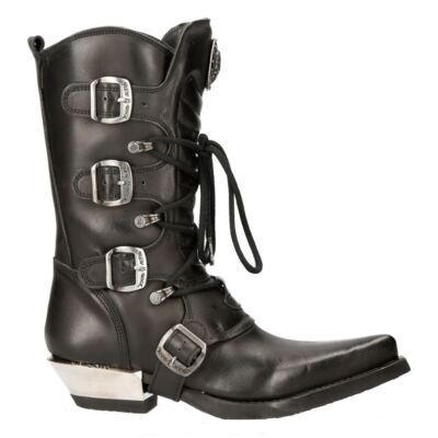 NEW ROCK M-7993-S1 WESTERN COWBOY BOOTS Black Leather Buckle Heavy Biker Shoes