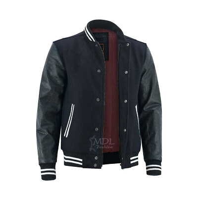 Herren College Bomber Winter Varsity Jacke schwarze weiße Linie Lederärmel S-3XL