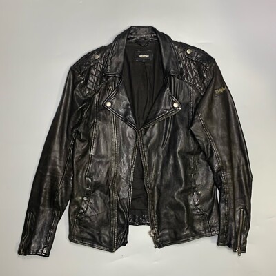 Tigha Men Black Leather Distressed Biker Diagonal Zip Jacket M Quilted Details