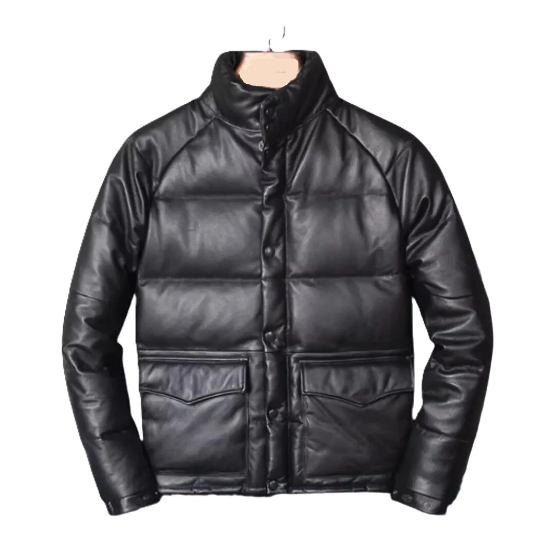 Men’s Black Leather Puffer Jacket Real Lambskin Quilted Padded Warm Winter Coat