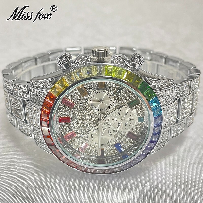 Hip Hop Luxury Silver Colorful Ice out Men's Watch Iced Bling Waterproof Diamond