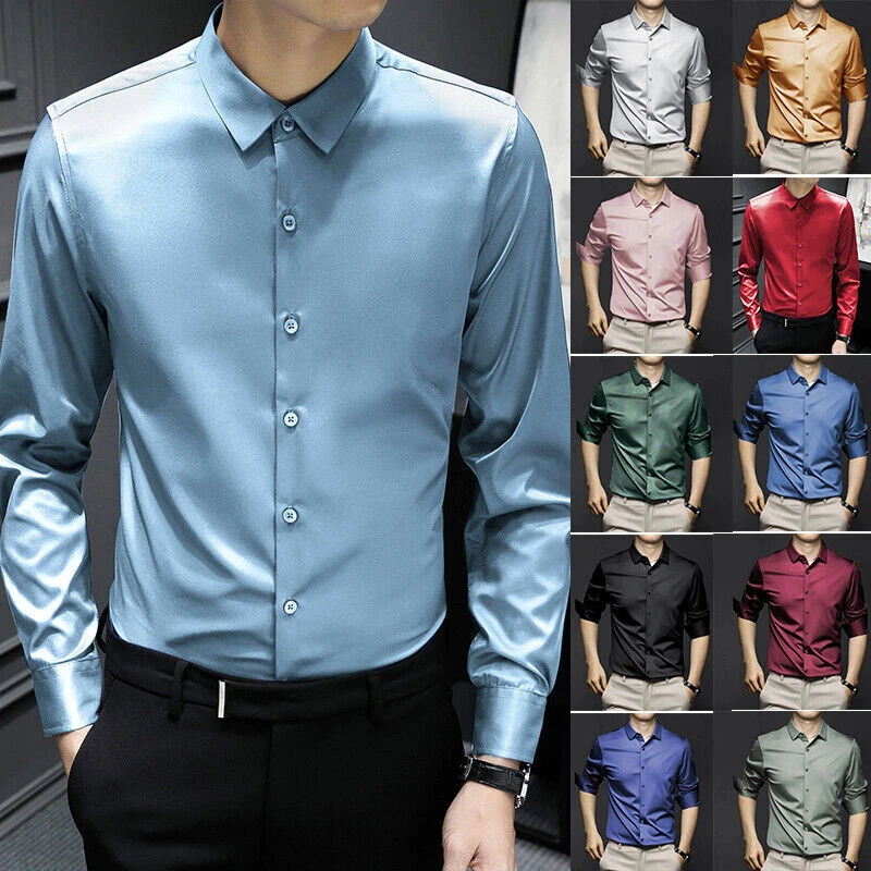 New S-4XL Men Shirt Silk Satin Smooth Mens Solid Tuxedo Business Shirt Plus Size - Image 2 of 4