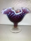 Vintage Fenton Plum Opalescent Hobnail Ruffled Compote