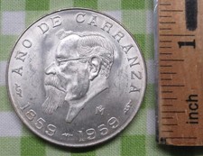 1959 Carranza s Birth 5-Pesos Coin, Mexico Coin, 72% Silver, Eagle & Snake