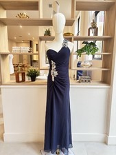 Navy Blue One Shoulder Ruched Gown with Floral Sequin Embellishments
