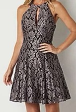 R M Richards Dress Women's 12 Black Taupe Glitter Lace Halter Fit  Flare Gown