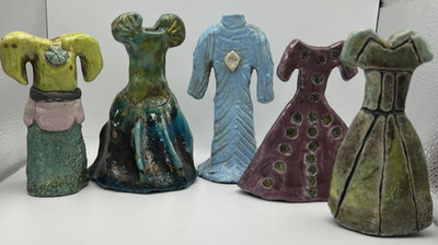 Art Pottery Handmade, Set of 5 Unique Dresses, Approx. 5'' high, Artist Unknown