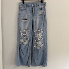 American Eagle Super High Rise Baggy Wide Legs Distressed Jeans Size 8 Short