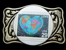 KC15169 COOL 1990s LOVE HEART-SHAPED EARTH 29 CENT US POSTAGE STAMP BUCKLE