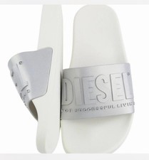 Diesel Logo Slide Sandals Silver White Gray EU 40 Women