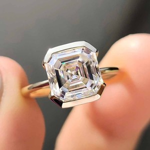 Authentic 2.99 Ct Asscher Cut Moissanite Half Bezel Solitaire Ring 14K Yellow Gold Plated