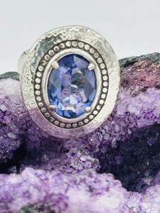 Brighton Grateful Silver Plate Blue Crystal Statement Ring Hammered Halo Sz 5.75